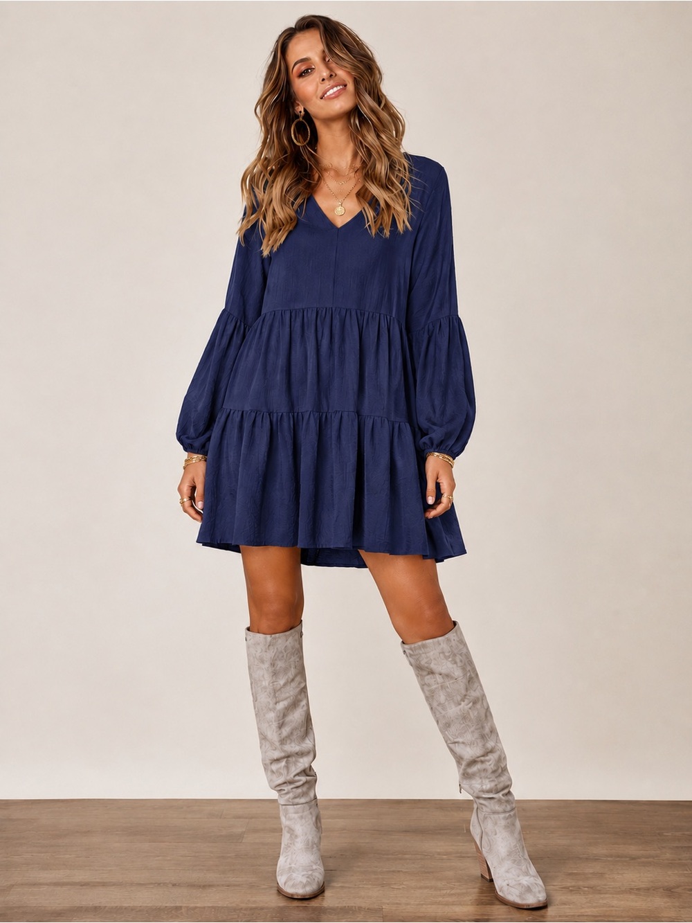 Navy Blue Tiered Babydoll Mini Dress Puff Sleeve Boho Cottagecore V Neck - Picture 1 of 14